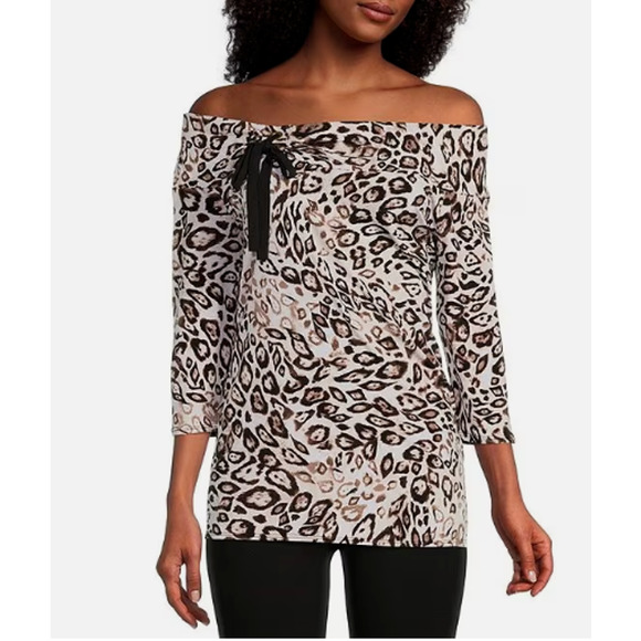 Slim Factor by Investments off shoulder leopord top 3/4 Sleeves Size M - Picture 1 of 6